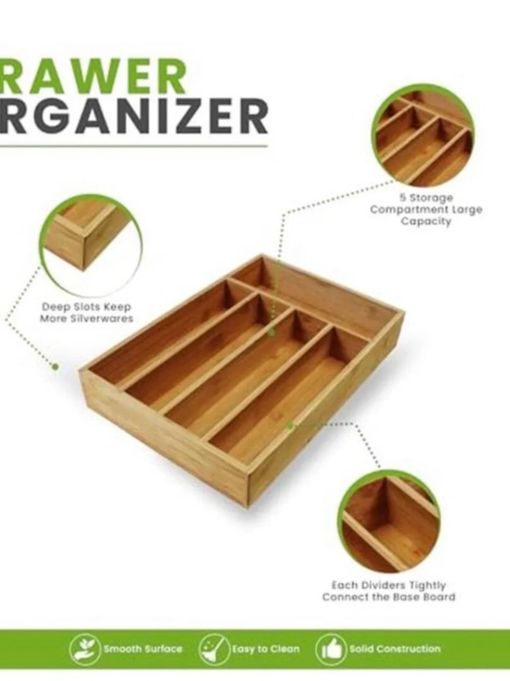 Bamboo 5‑Compartment Silverware Drawer Organizer Like New Condition